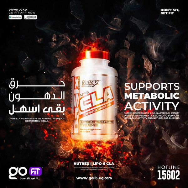This 1:1 square ad features a high-contrast visual of a CLA supplement bottle surrounded by glowing embers, using fire imagery to symbolize metabolic action.